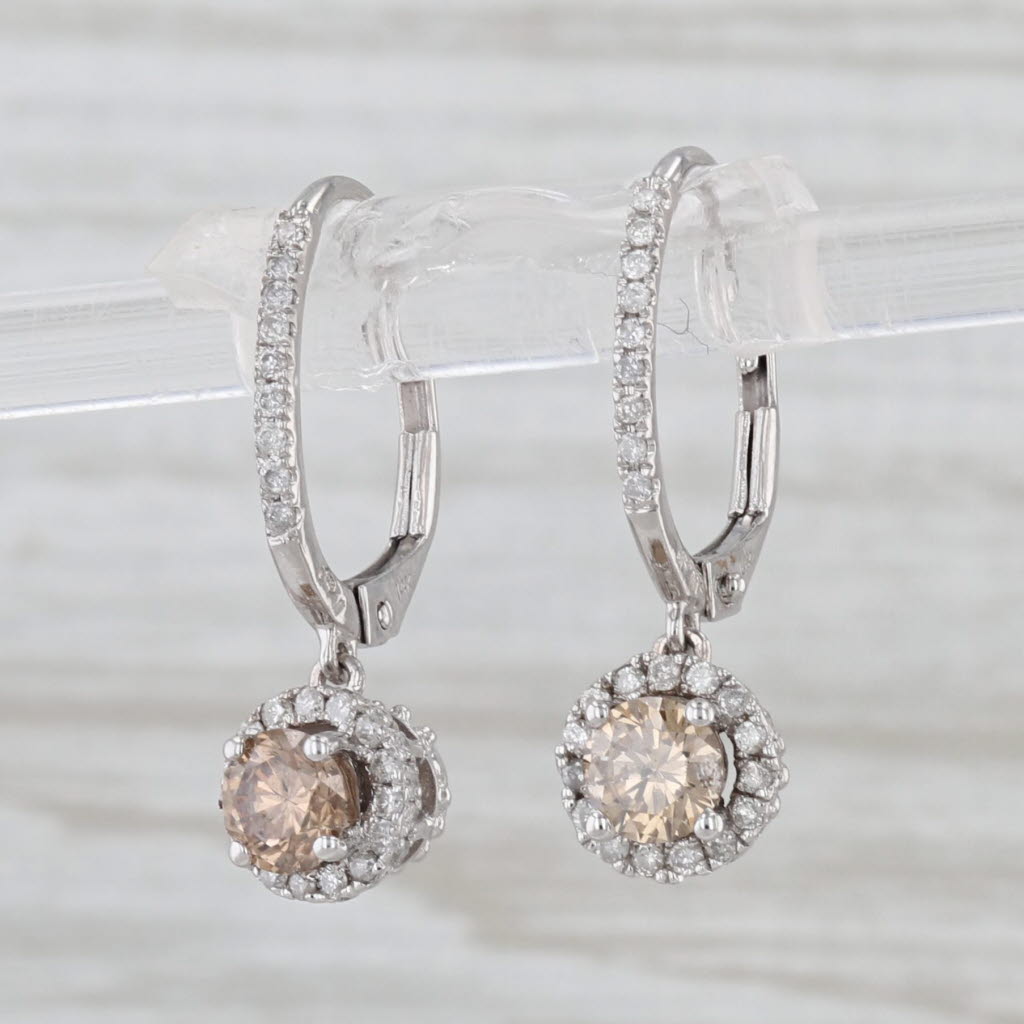 0.97ctw Diamond Halo Dangle Earrings 14k White Gold Lever Backs