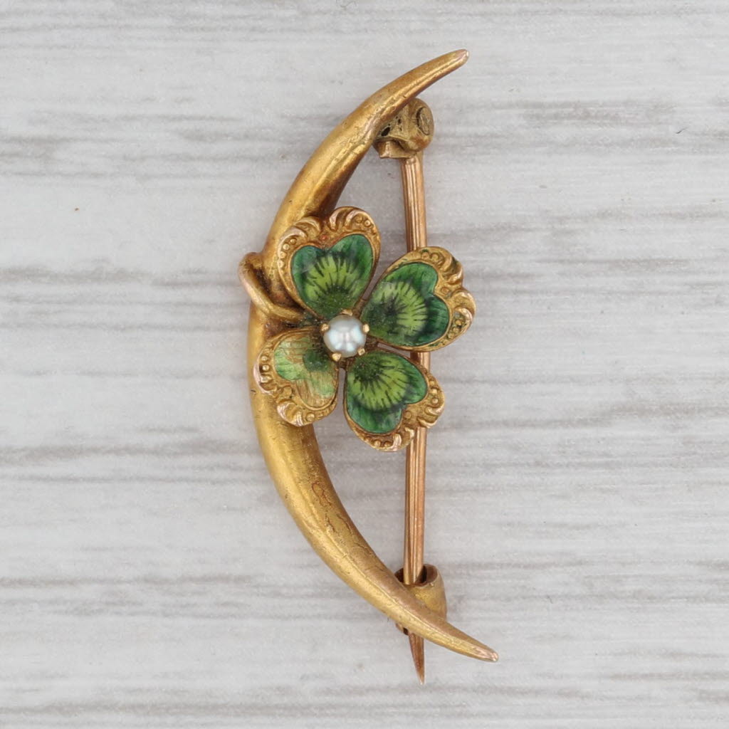 Gray Shamrock Crescent Moon Pin 18k Gold Pearl Enamel Antique Floral Brooch