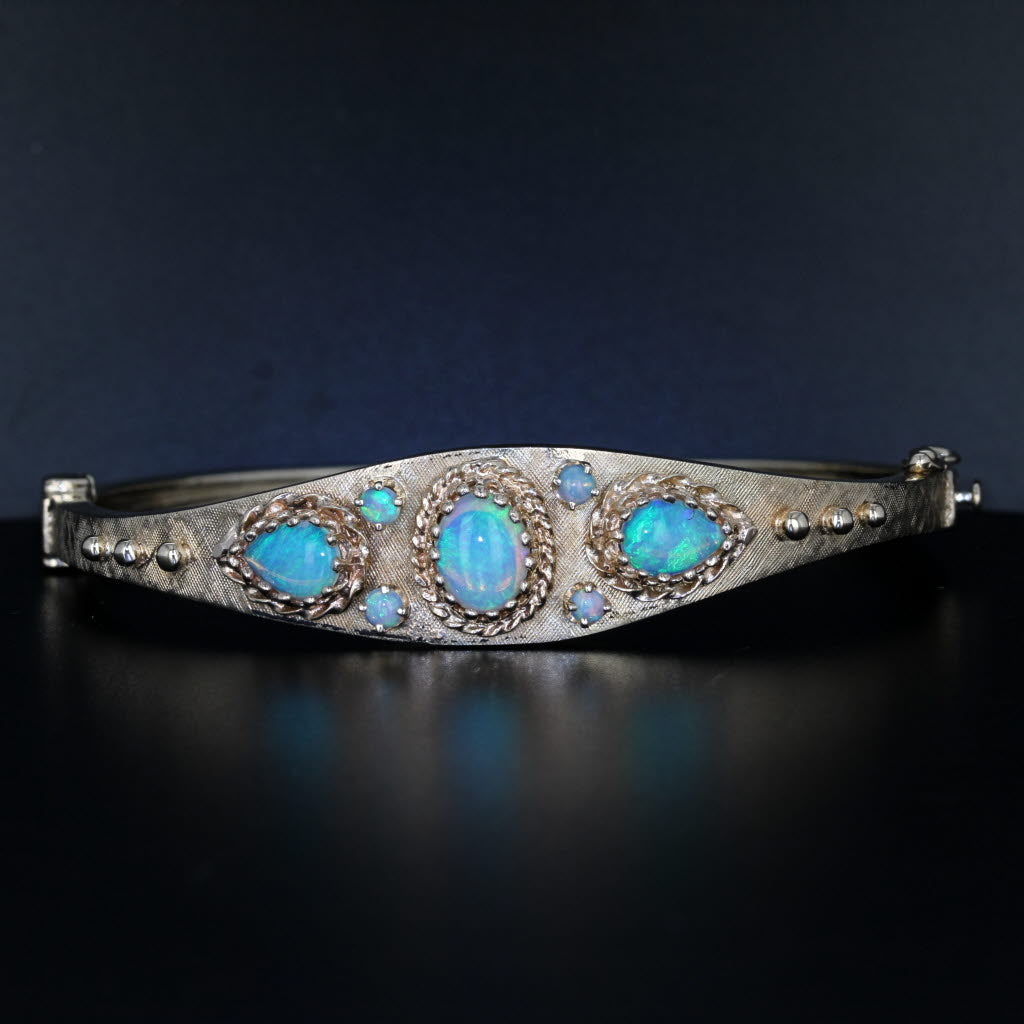 Black Colorful Opal Bangle Bracelet 14k Yellow Gold Hinged 6.5"