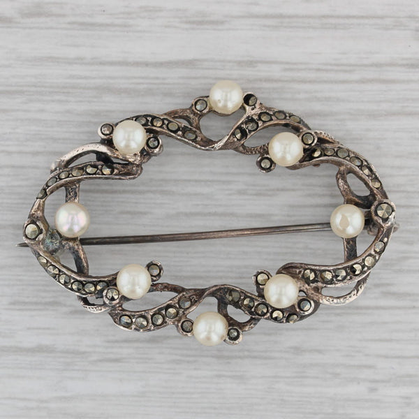 Cultured & Imitation Pearls Marcasite Vintage Brooch Sterling Silver Pin