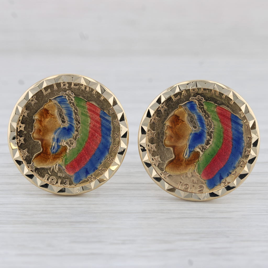 Light Gray Authentic Colorlized Indian Head Coin Cufflinks 18k 22k Gold 1912 1913 5 Dollars