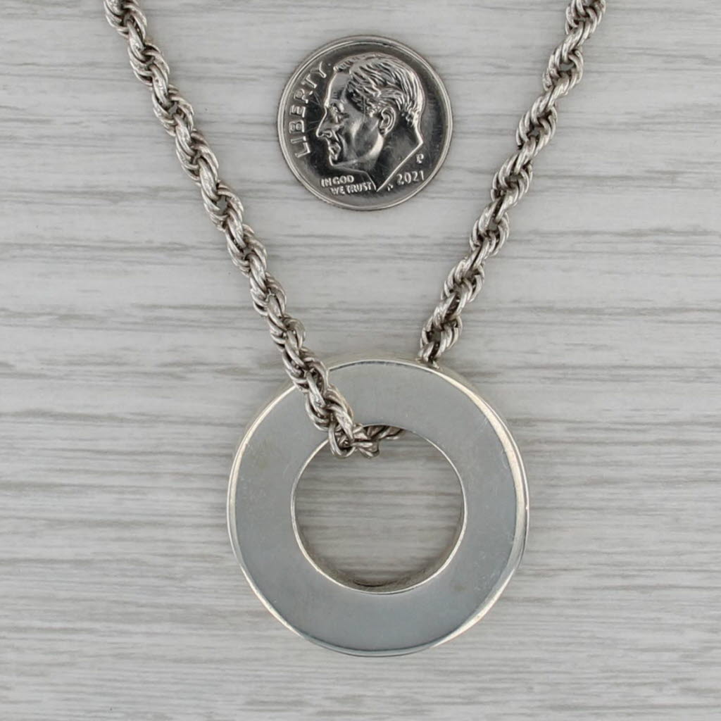 Large Circle Pendant Necklace Sterling Silver 28.75" Rope Chain Statement