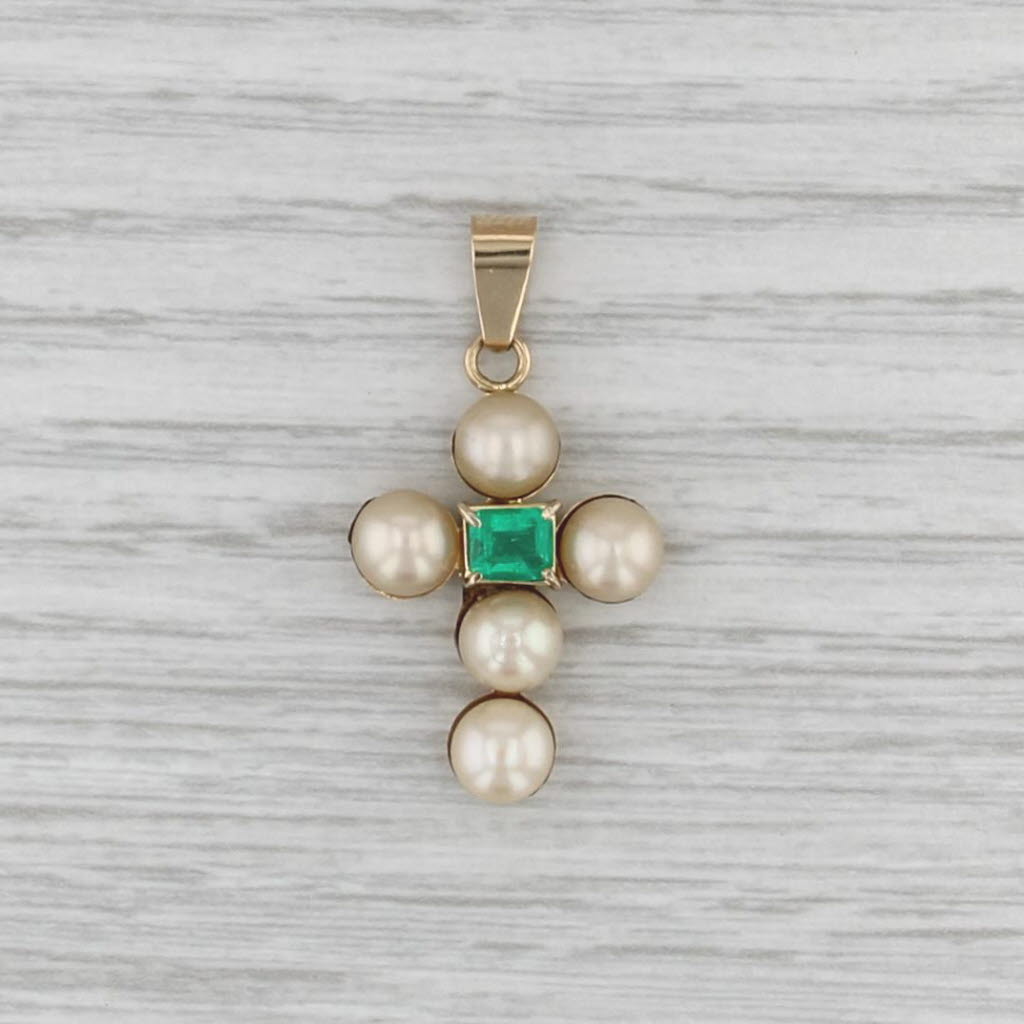 Antique Emerald Cultured Pearl Cross Pendant 18k Yellow Gold