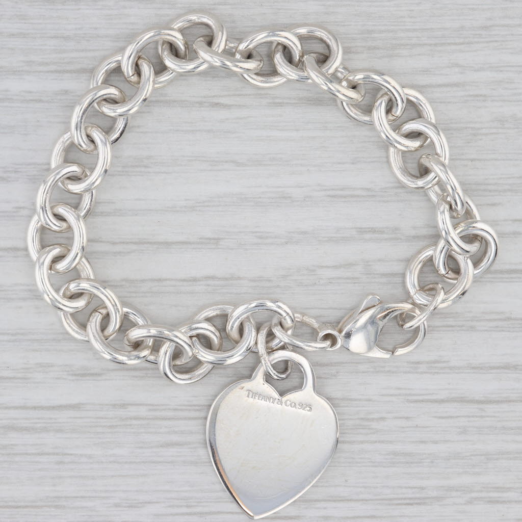 Gray Tiffany & Co. Engravable Heart ID Tag Charm Bracelet 6.5" Cable Chain 10mm