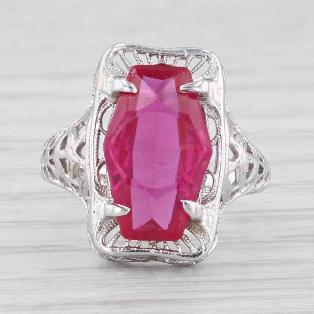 Light Gray Vintage 2.90ct Lab Created Ruby Solitaire Ring 10k White Gold Filigree Size 3.25