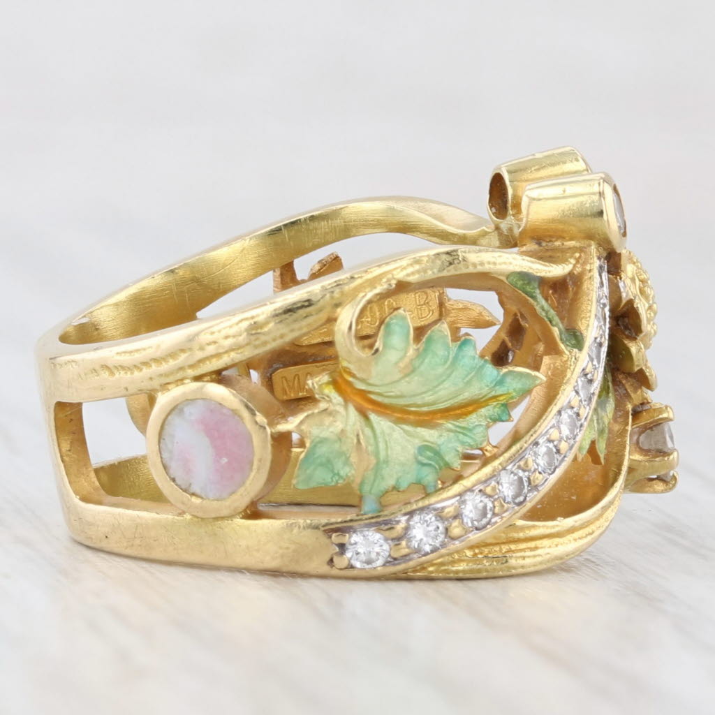 Light Gray Masriera 0.47ctw Diamond Flower Ring 18k Yellow Gold Enamel Size 6.5 Statement