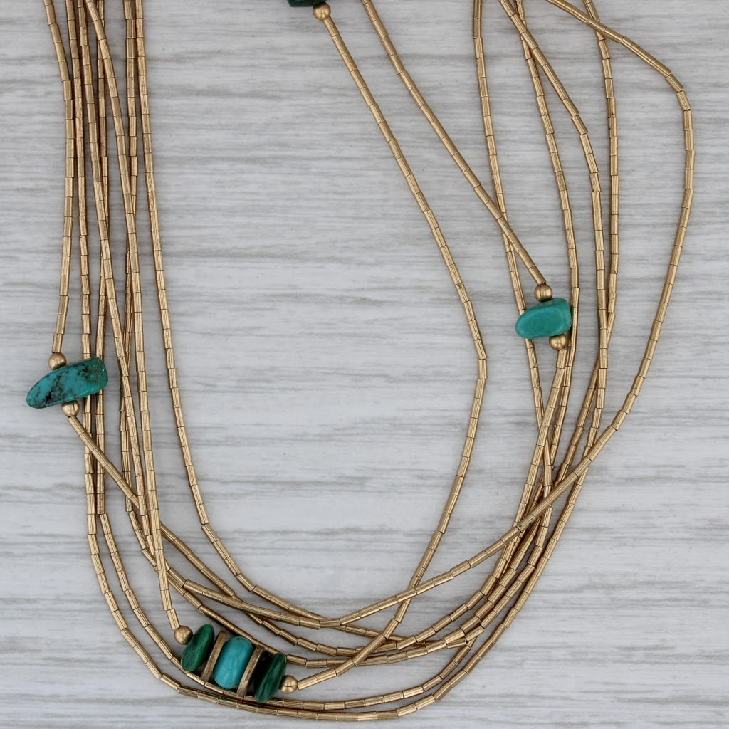 Dark Gray Turquoise Malachite Liquid Silver Bead Chain Necklace Sterling Gold Plated 25"