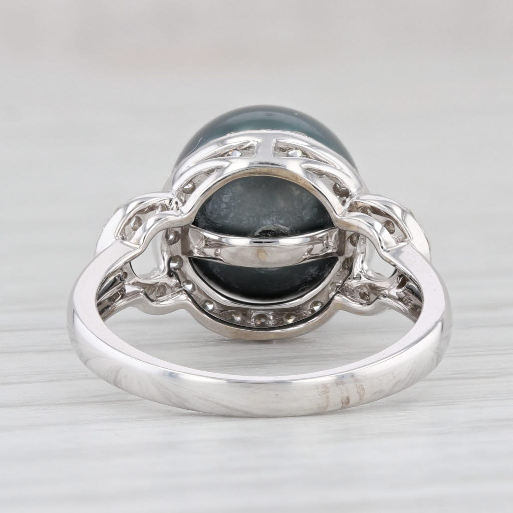 Light Gray New Tahitian Black Pearl 0.55ctw Diamond Halo Ring 14k White Gold Size 7