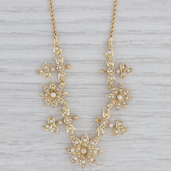 Seed Pearls Flower Necklace 15k Gold 15.75" Rope Chain Vintage Floral Jewelry
