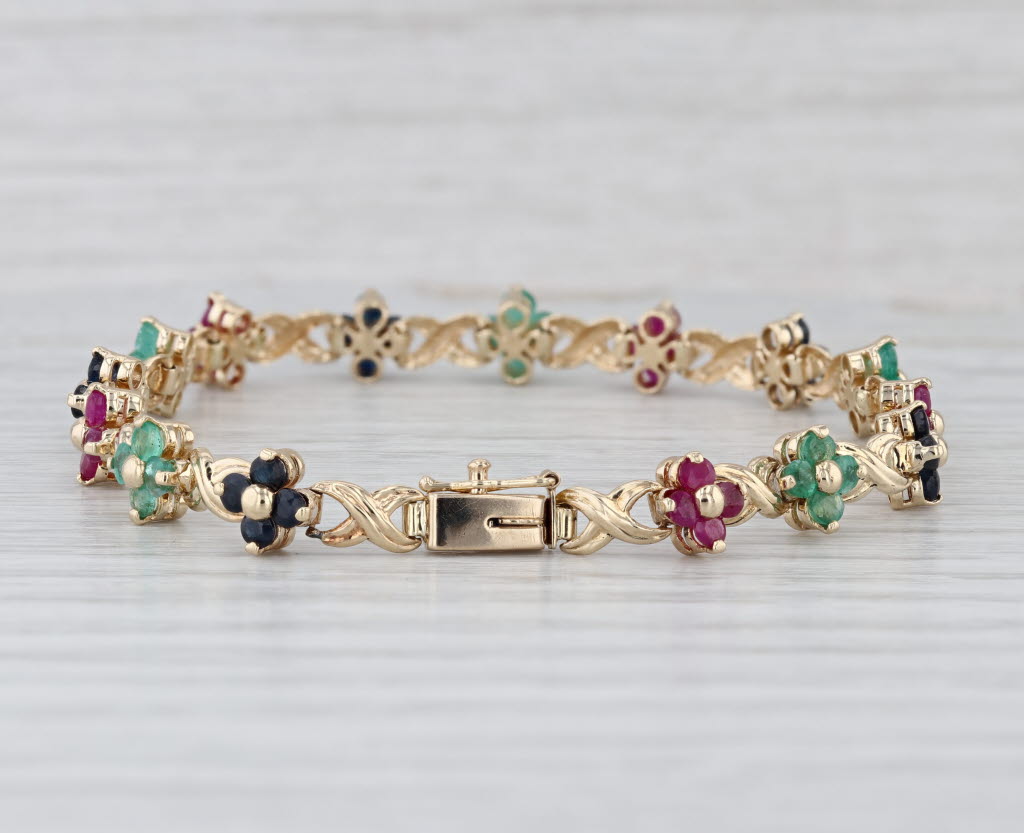 4.84ctw Ruby Sapphire Emerald Flower Tennis Bracelet 14k Yellow Gold 7"