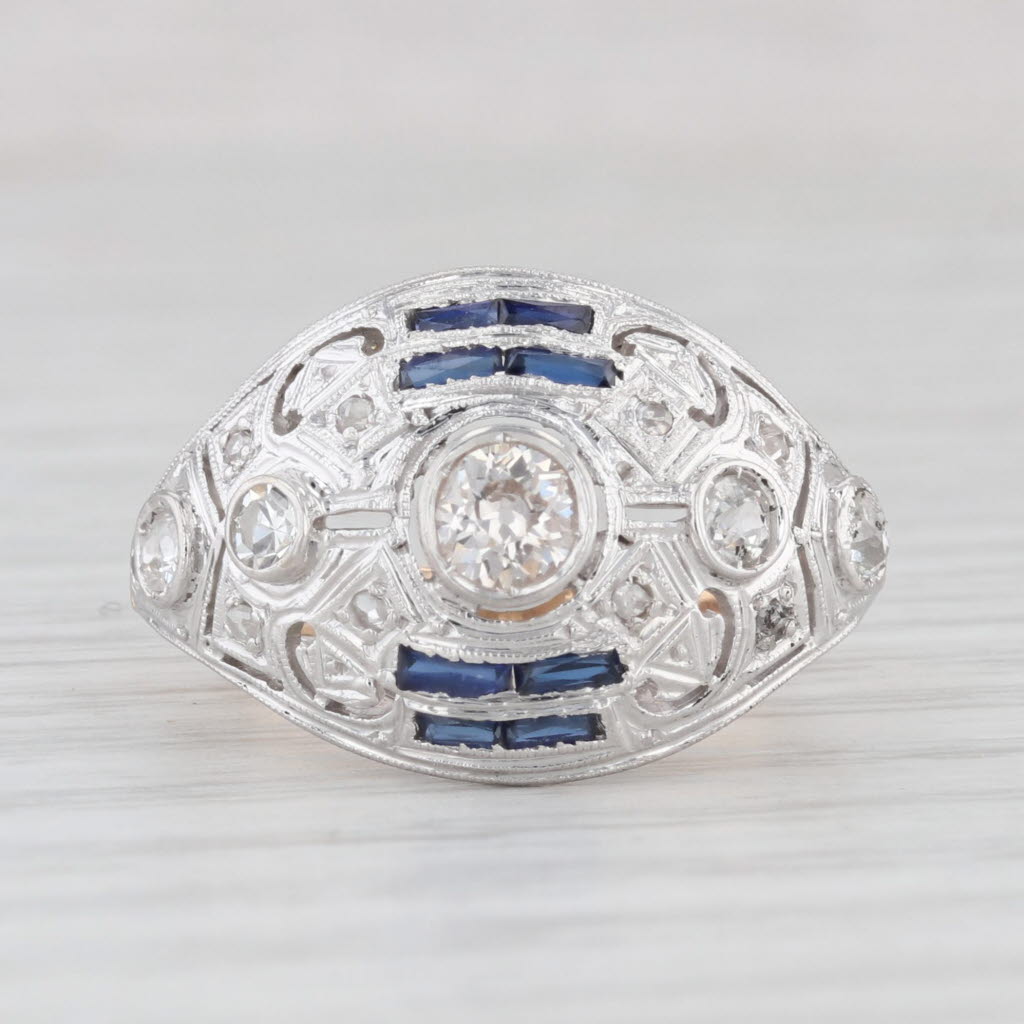 Light Gray Art Deco Diamond Lab Created Sapphires Ring 14k Gold Platinum Sz 6.75 Engagement