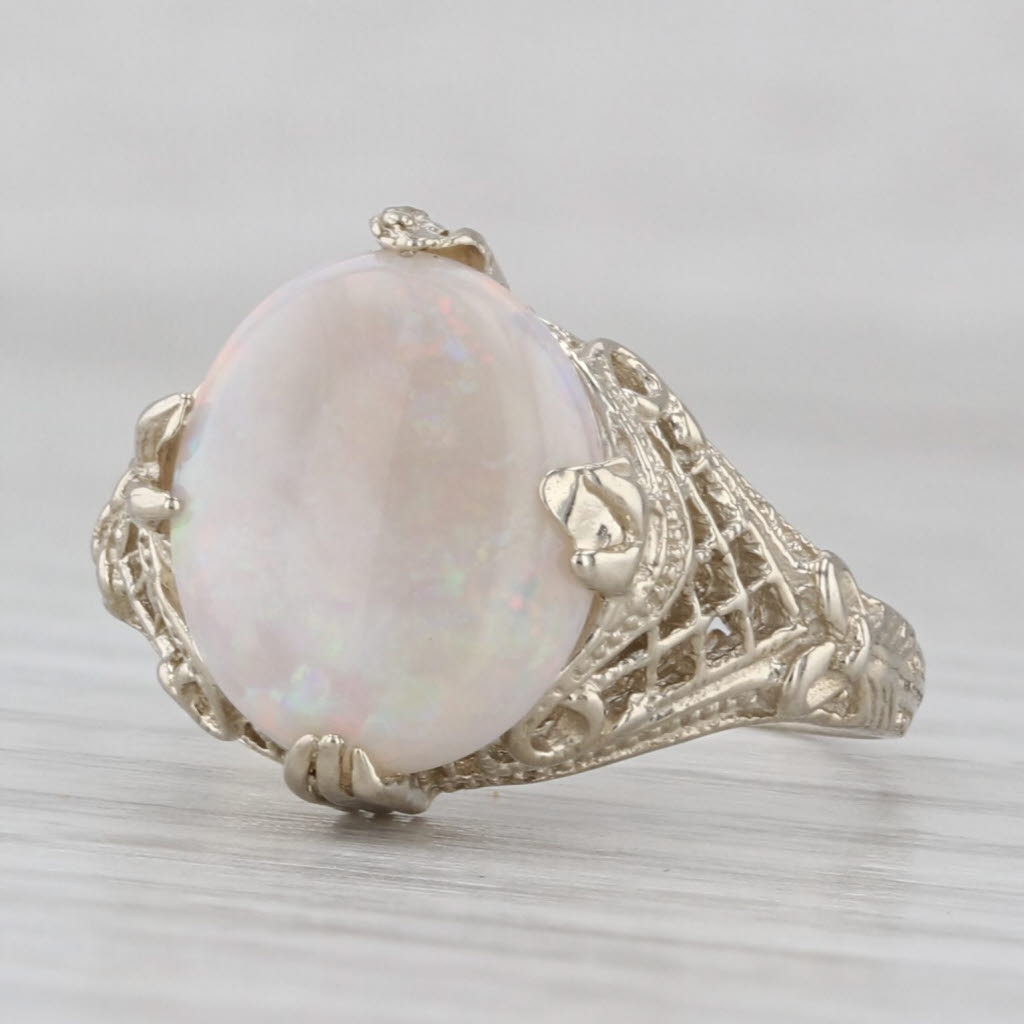 Gray Vintage Oval Cabochon Opal Solitaire Filigree Ring 14k White Gold Size 7.25