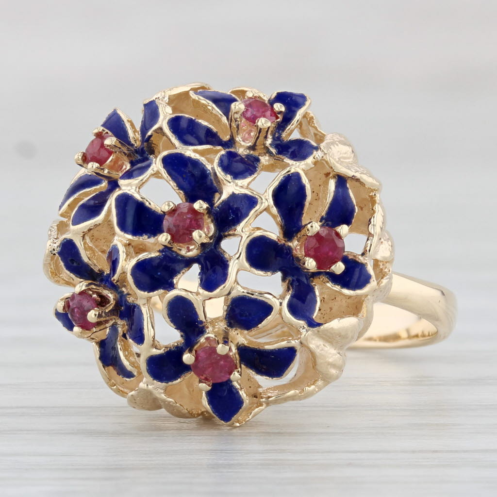 Light Gray 0.24ctw Ruby Blue Flower Cluster Ring 14k Yellow Gold Enamel Size 6.5