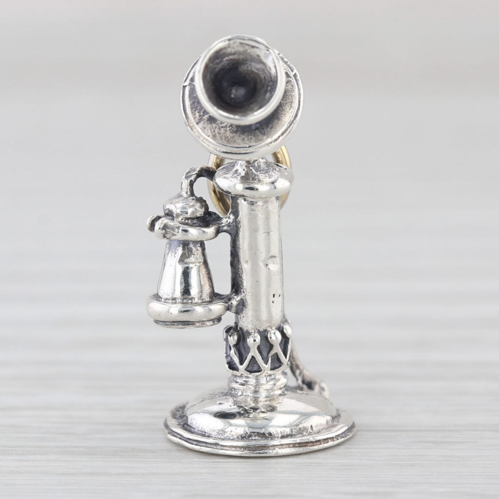Vintage Old Timey Telephone Charm Sterling Silver 3D Pendant