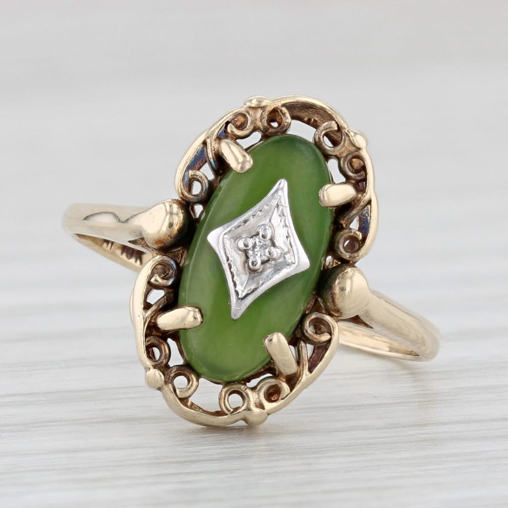 Light Gray Vintage Green Nephrite Jade Diamond Ring 10k Yellow Gold Size 6.25