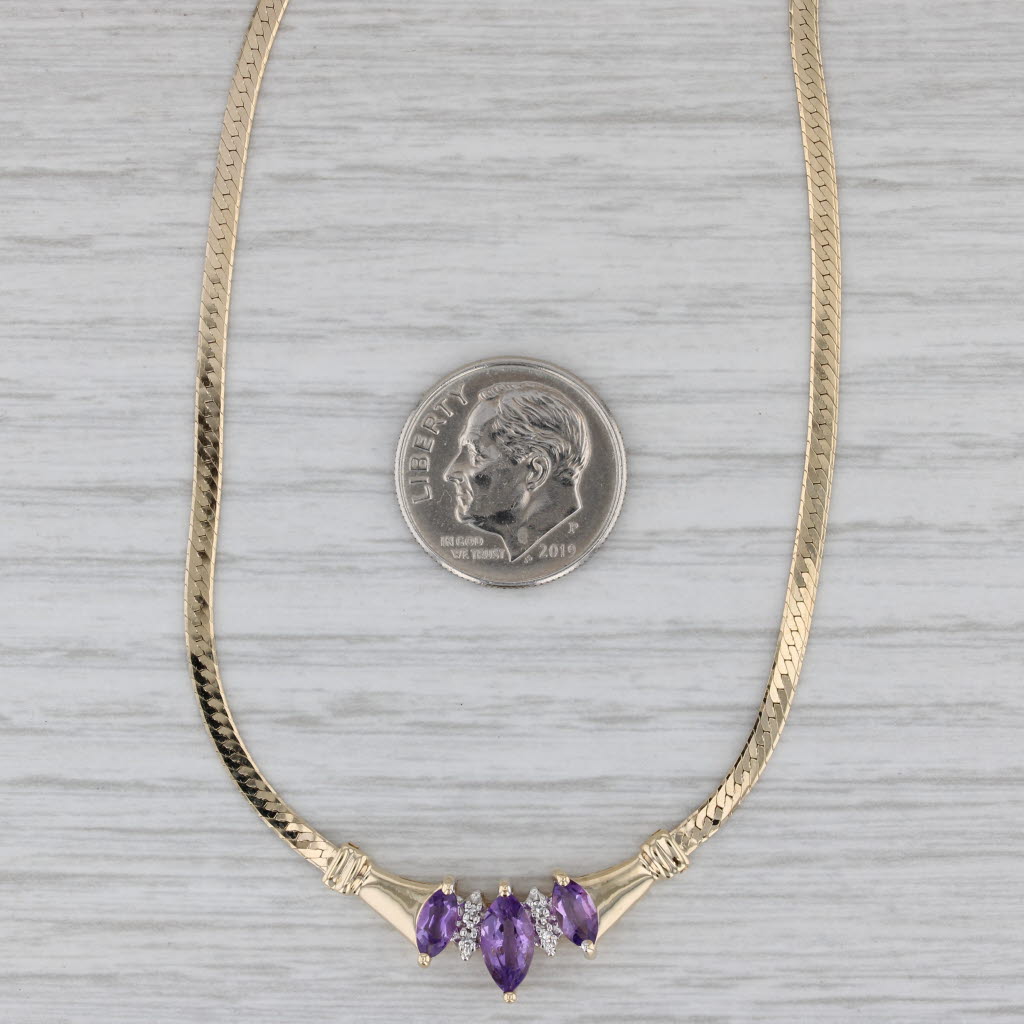 Gray 0.96ctw Amethyst Diamond V Necklace 14k Yellow Gold 16" Herringbone Chain