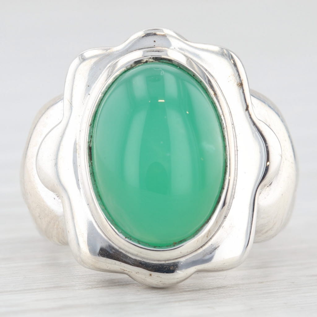 Light Gray Green Chrysoprase Oval Cabochon Solitaire Ring Sterling Silver Size 5