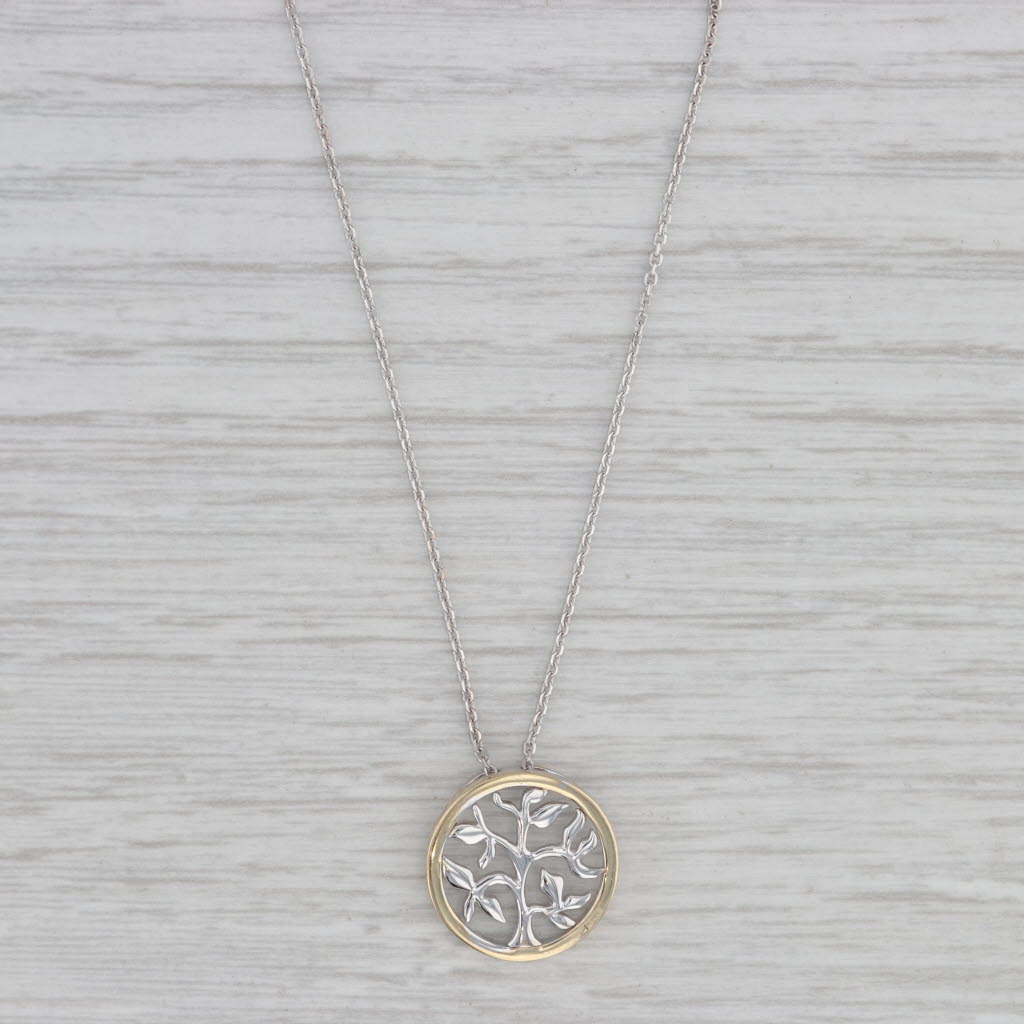 Gray Tree of Life Pendant Necklace 10k White Yellow Gold 16-18" Cable Chain