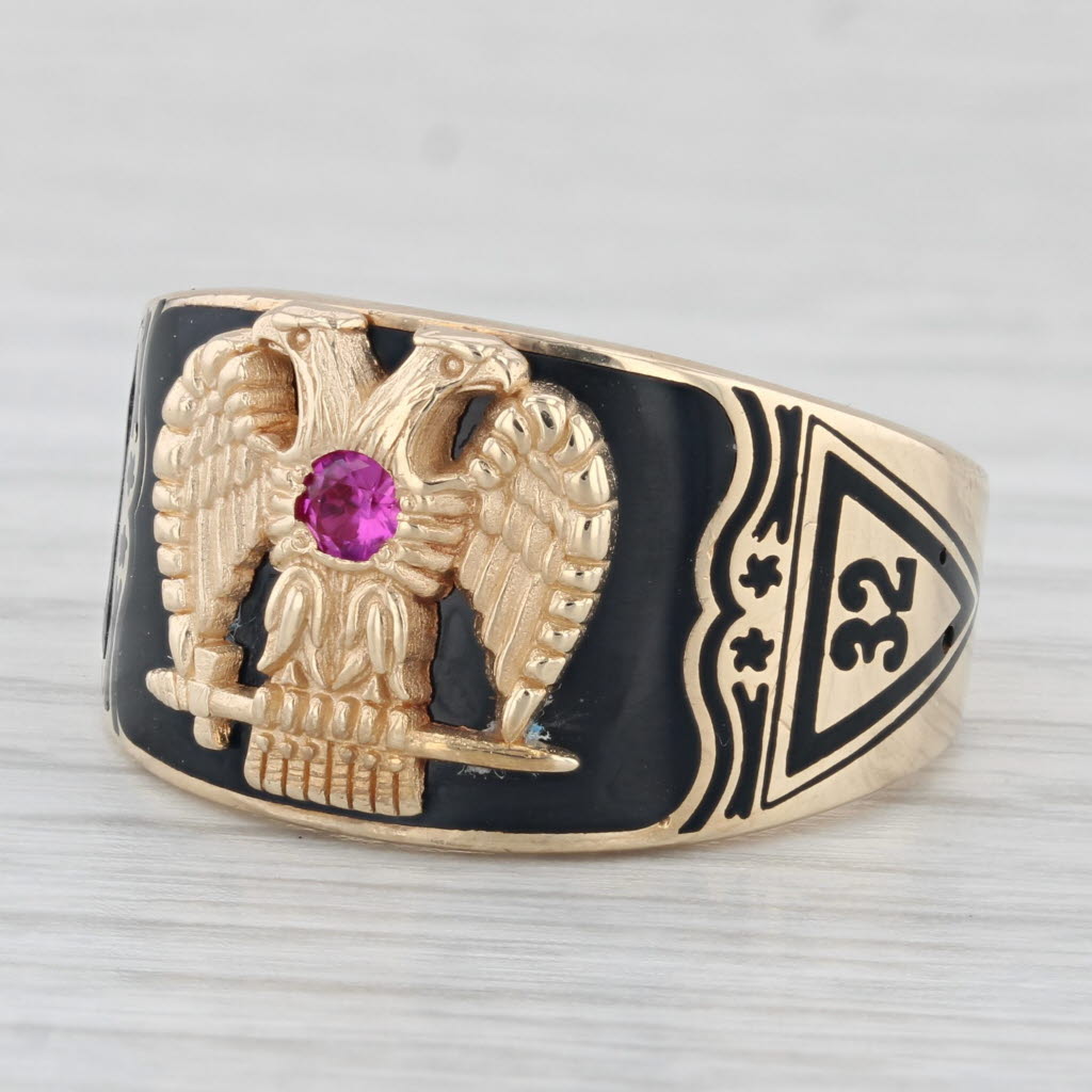 Light Gray Vintage Scottish Rite Ring 10k Gold Masonic Eagle Lab Created Ruby Cigar Band