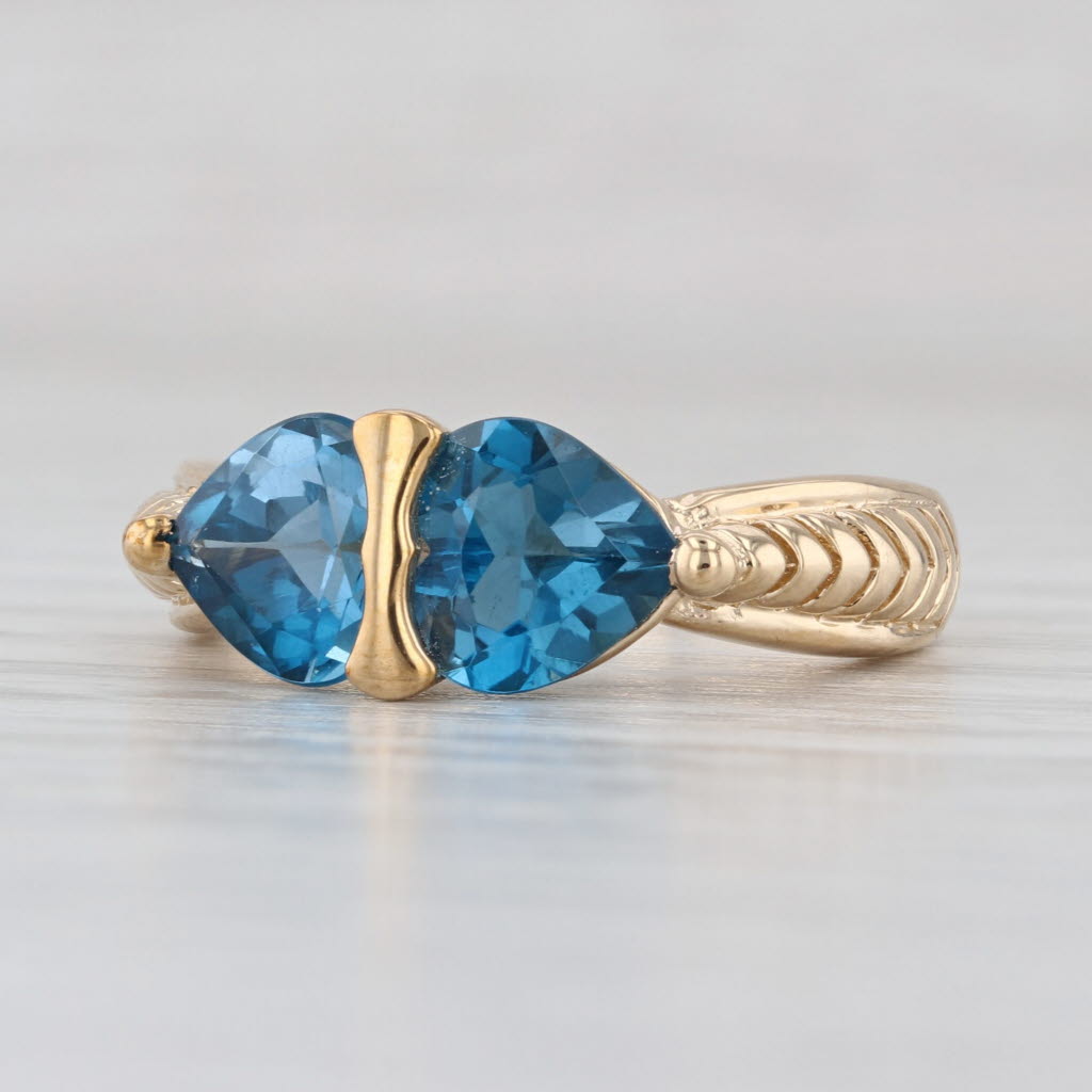 2.80ctw Blue Topaz Hearts Ring 10k Yellow Gold Size 7.25 Beveled Band