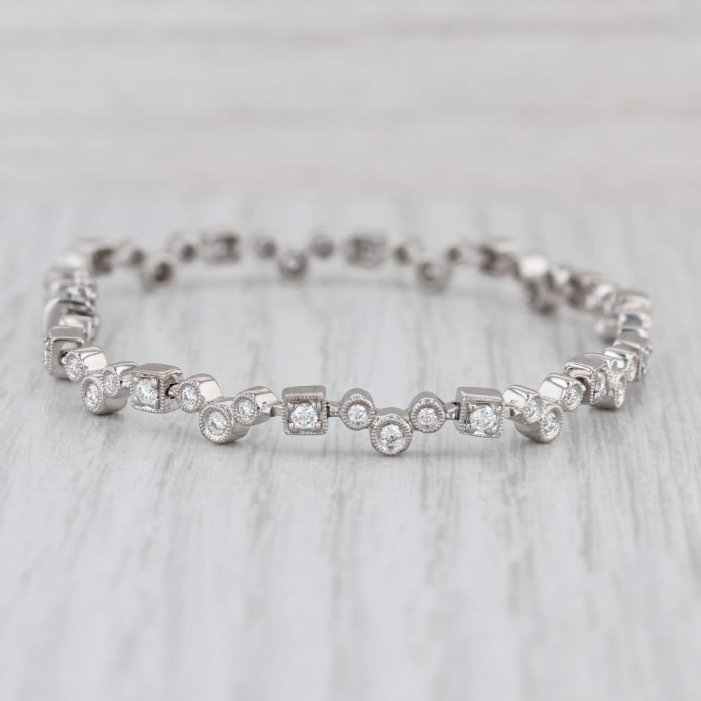 1.12ctw Diamond Tennis Bracelet 18k White Gold Circles & Squares 7" 5mm