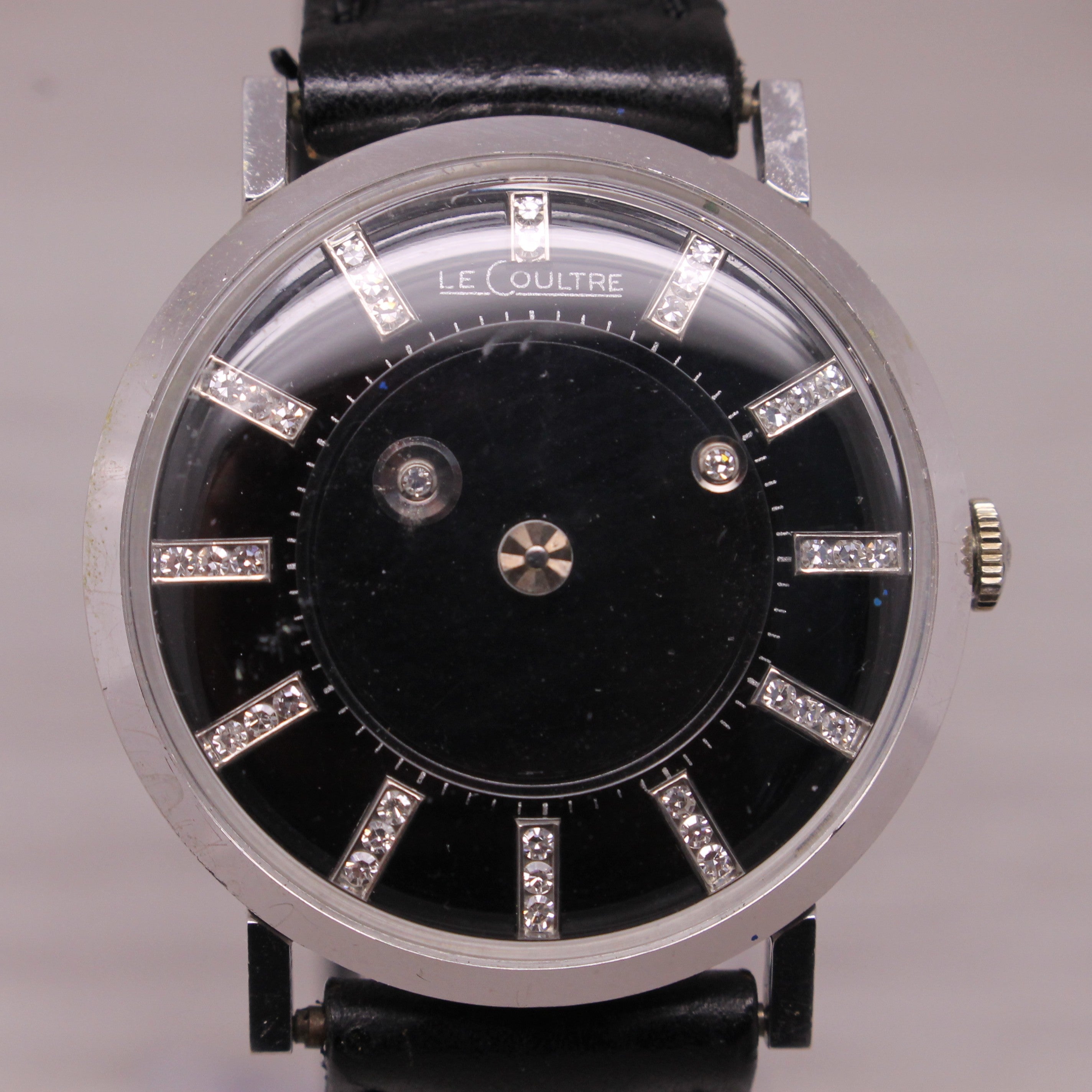 Dark Gray Vintage 1960s LeCoultre Mystery Dial 14k White Gold Diamond Dial Mens Watch