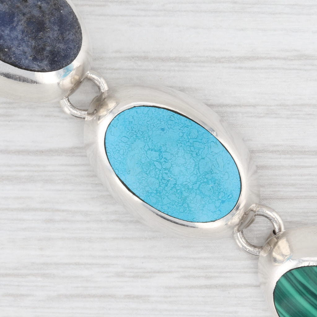 Light Gray Multi-stone Cabochon Oval Link Bracelet Sterling Silver 7" 16.2mm
