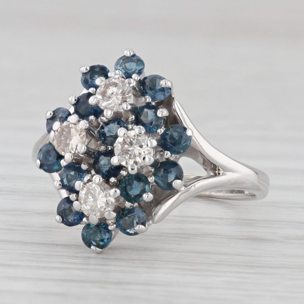 Light Gray 0.65ctw Diamond Blue Sapphire Cluster Ring 14k White Gold Size 5.75 Cocktail