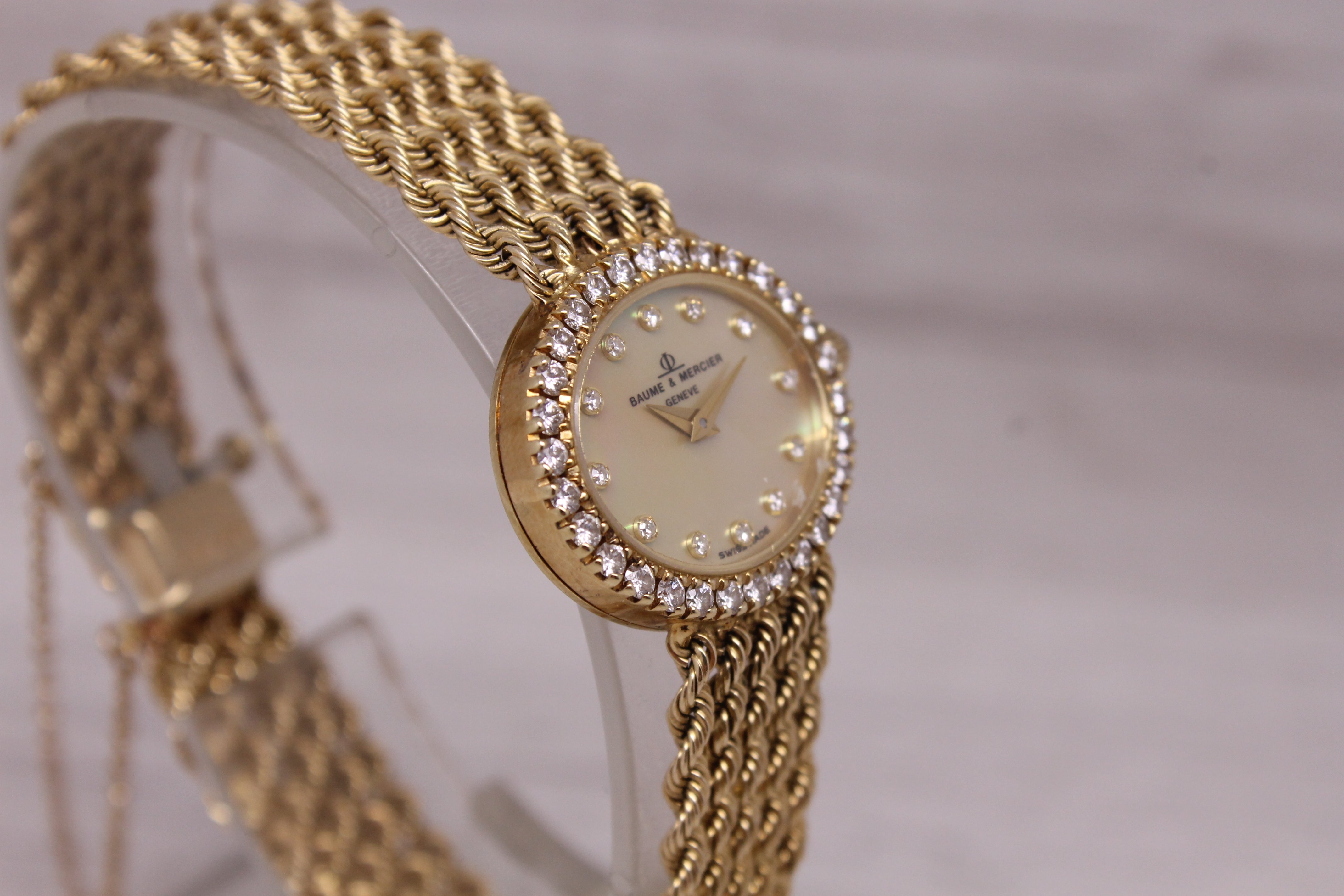 Vintage Baume & Mercier 14k Yellow Gold Ladies MOP & Diamond Rope Dress Watch