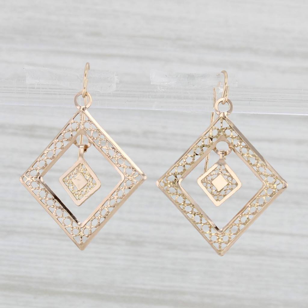 Light Gray Filigree Square Dangle Earrings 14k Yellow Gold Hook Posts