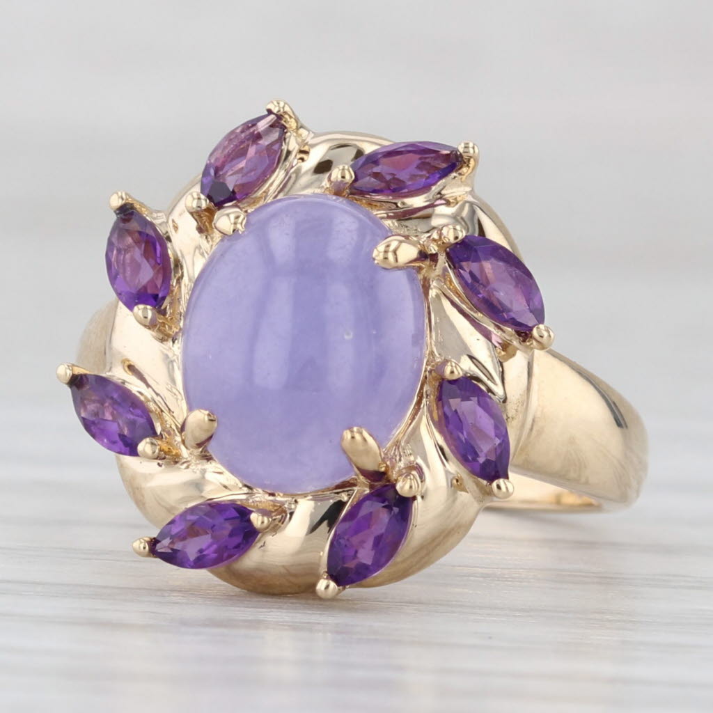Light Gray Lavender Jadeite Jade Amethyst Ring 14k Yellow Gold Size 6.25 Oval Cabochon