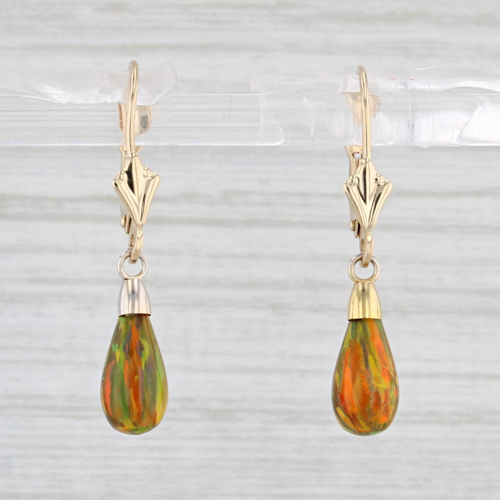 Light Gray Lab Created Multicolor Opal Teardrop Earrings 14k Yellow Gold Lever Backs