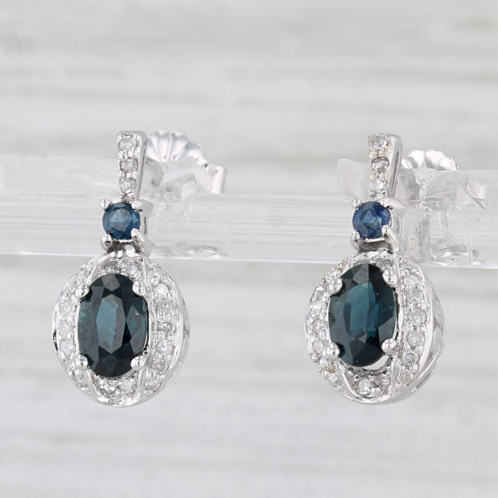 Light Gray 1.60ctw Blue Sapphire Diamond Drop Earrings 14k White Gold