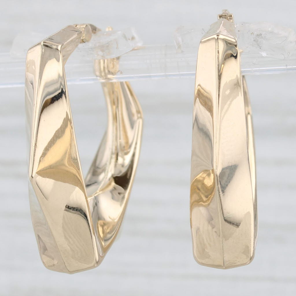 Light Gray Beveled Hoop Earrings 14k Yellow Gold Snap Top Round Hoops