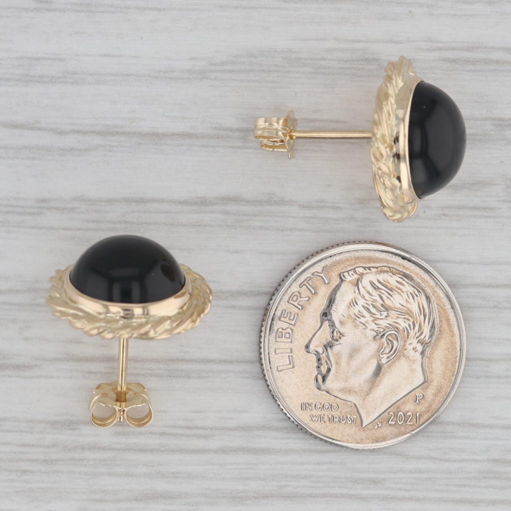 Gray Round Cabochon Black Onyx Stud Earrings 14k Yellow Gold