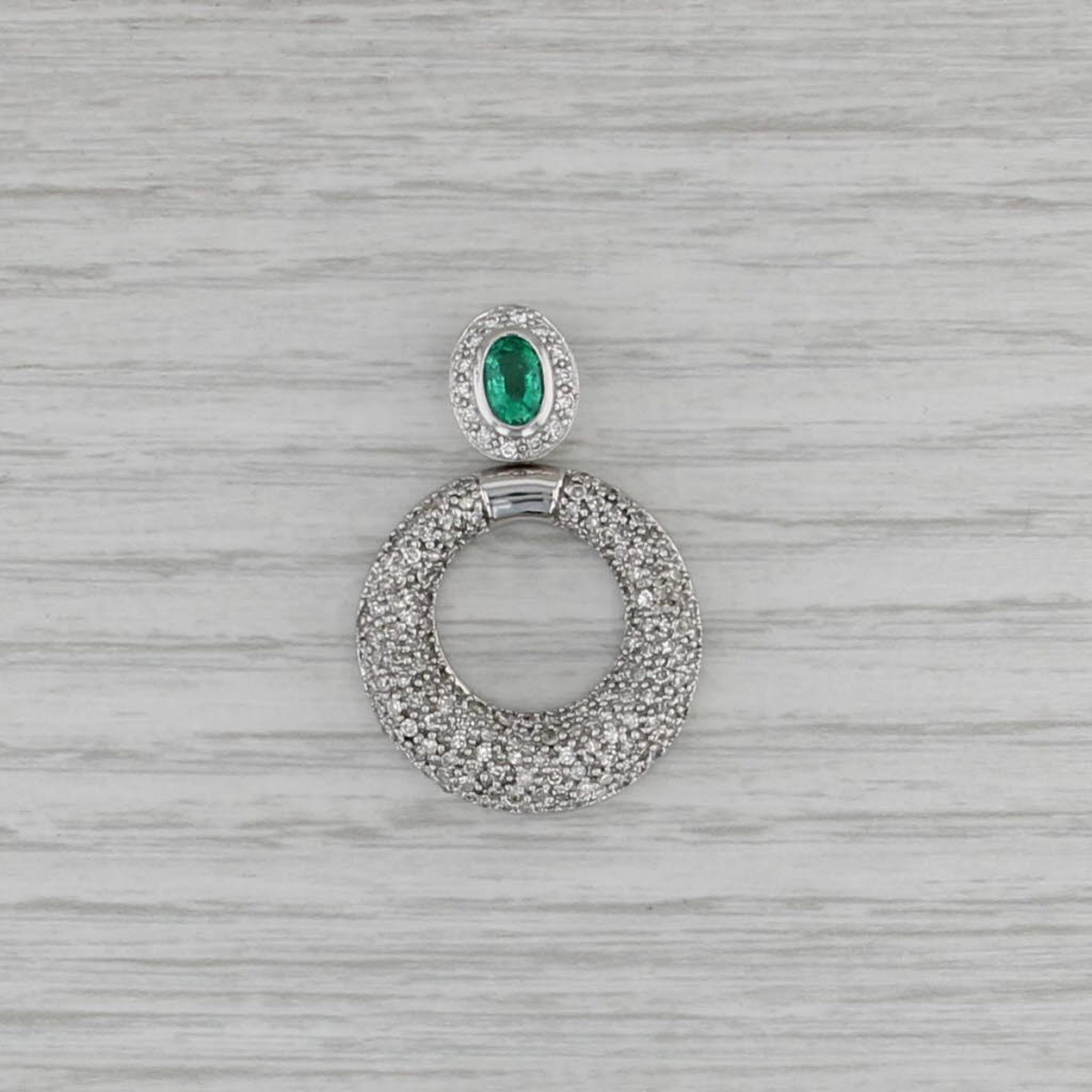 1.50ctw Emerald Diamond Pave Circle Pendant 14k White Gold Floating Drop
