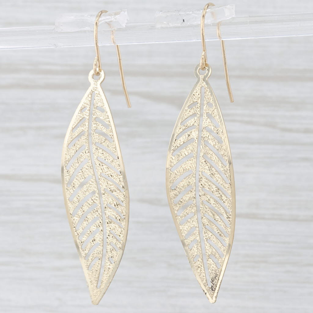 Light Gray Long Leaf Dangle Earrings 14K Yellow Gold Hook Posts