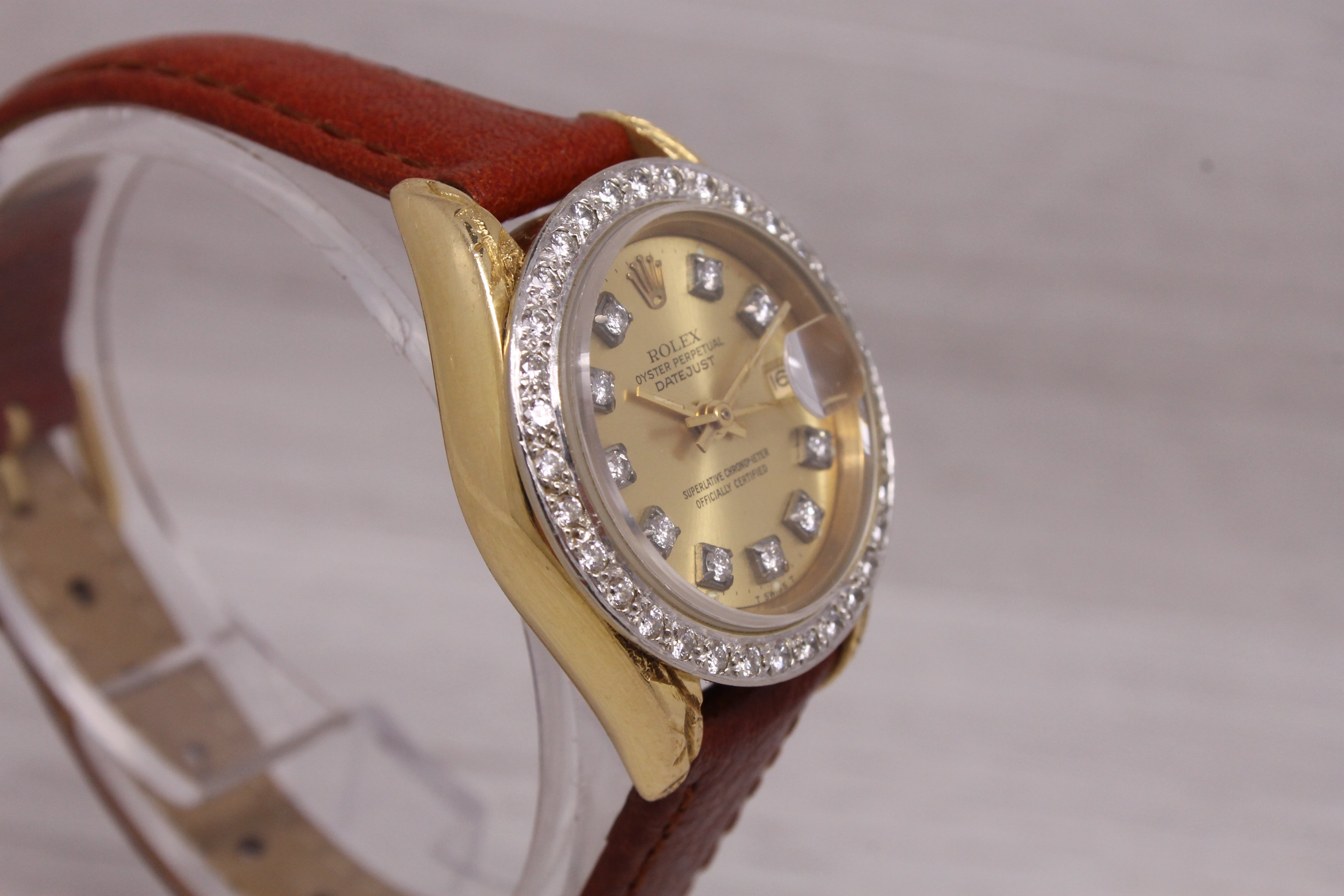 Rosy Brown Vintage 1985 Rolex Datejust 69178 Ladies President 18k Gold & Diamond Bezel Box