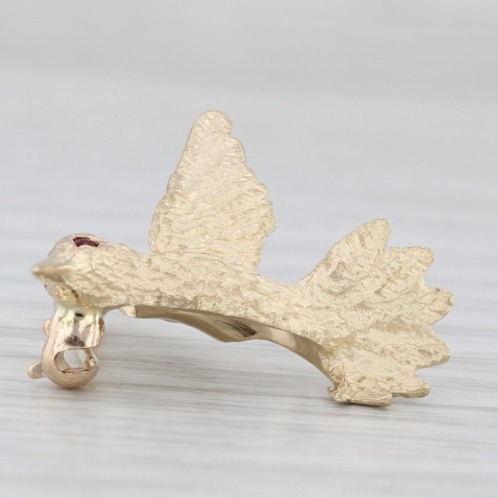 Light Gray Hummingbird Pin 14k Yellow Gold Ruby Eye Detailed Bird Jewelry