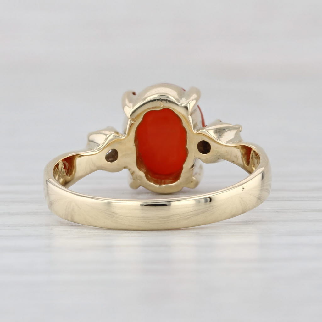 Fire Opal Cabochon Diamond Ring 14k Yellow Gold Size 7.75