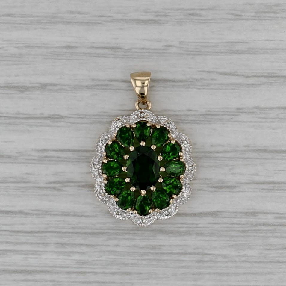 2.84ctw Chrome Diopside Diamond Halo Flower Pendant 10k Yellow Gold