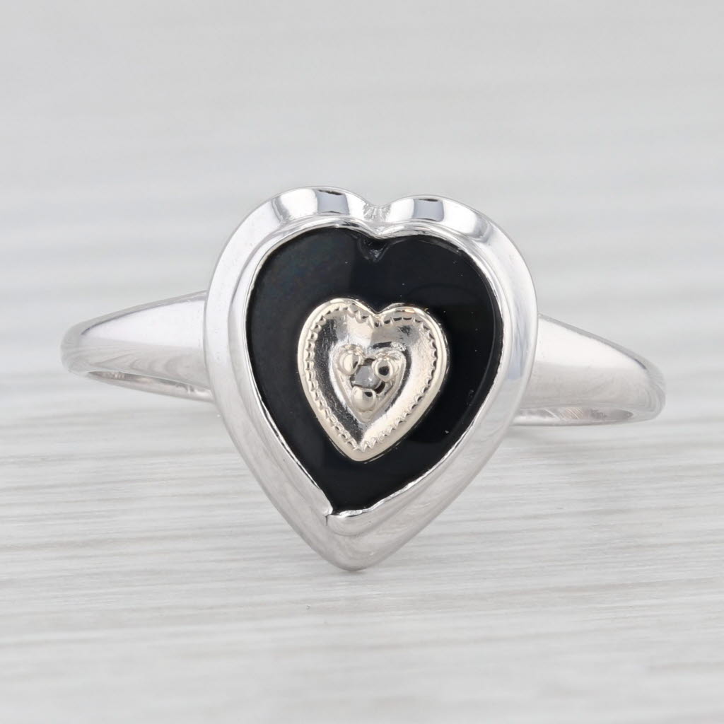 Light Gray Vintage Onyx Heart Diamond Signet Ring 10k White Gold Size 7.25