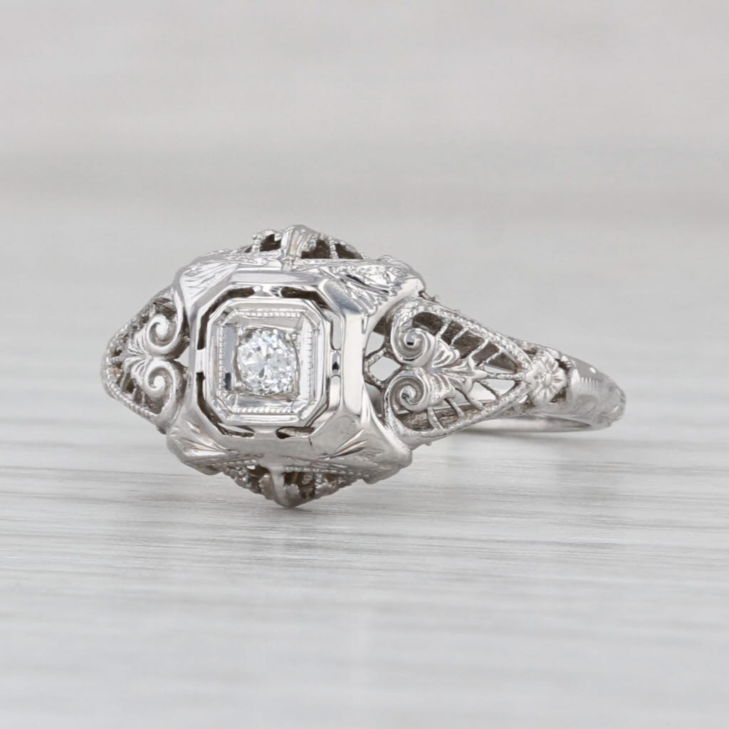 Art Deco Diamond Solitaire Ring 18k White Gold Filigree Size 7 Old European Cut