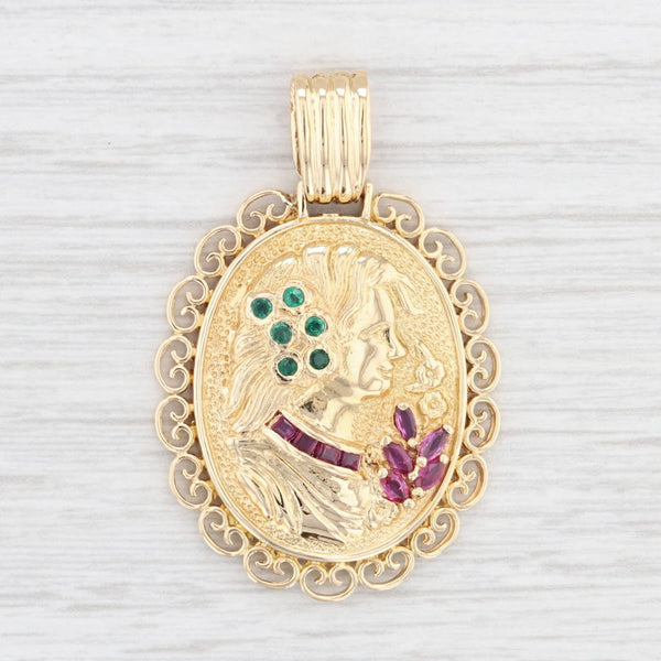 Light Gray 0.43ctw Emerald Ruby Cameo Pendant 18k Yellow Gold Floral Vintage
