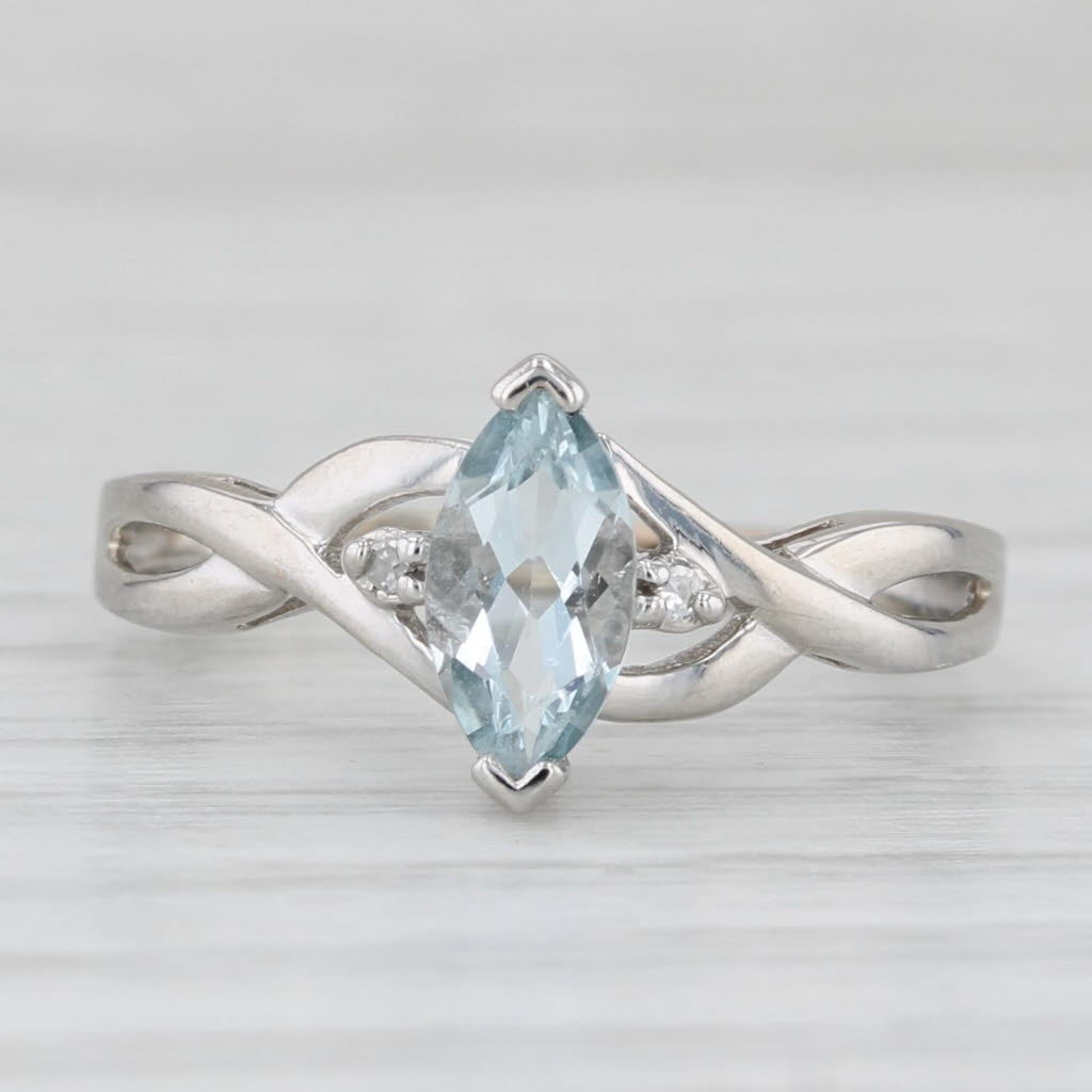 Light Gray 0.53ct Marquise Aquamarine Solitaire Ring 10k White Gold Size 5 Diamond Accents