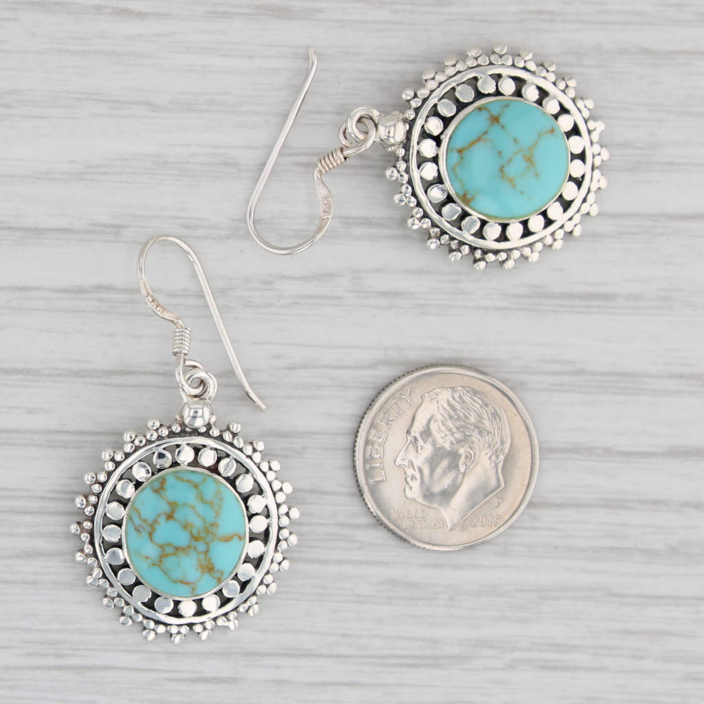 Light Gray Turquoise Dangle Earrings Sterling Silver Hook Posts Round Cabochons Drops