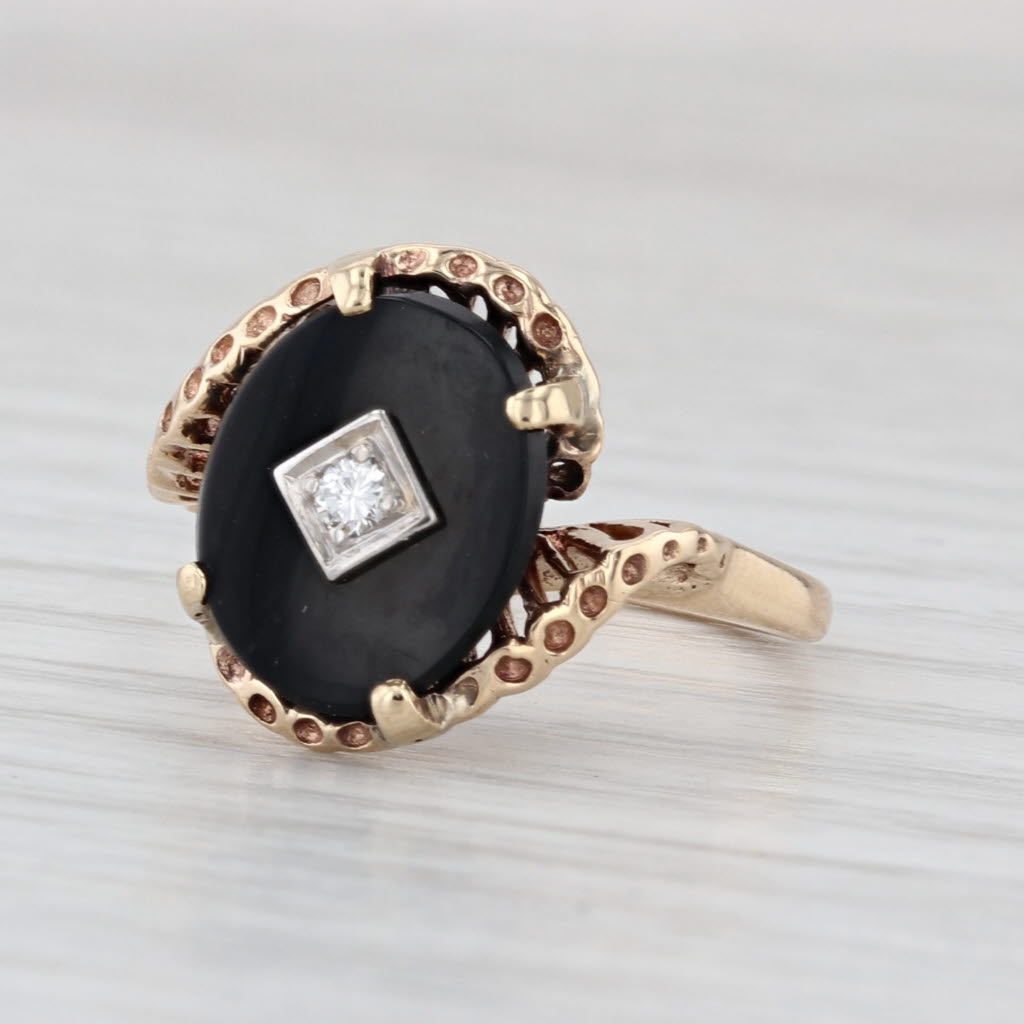 Vintage Onyx Signet Ring 10k Yellow Gold Size 6.25 Diamond Accent