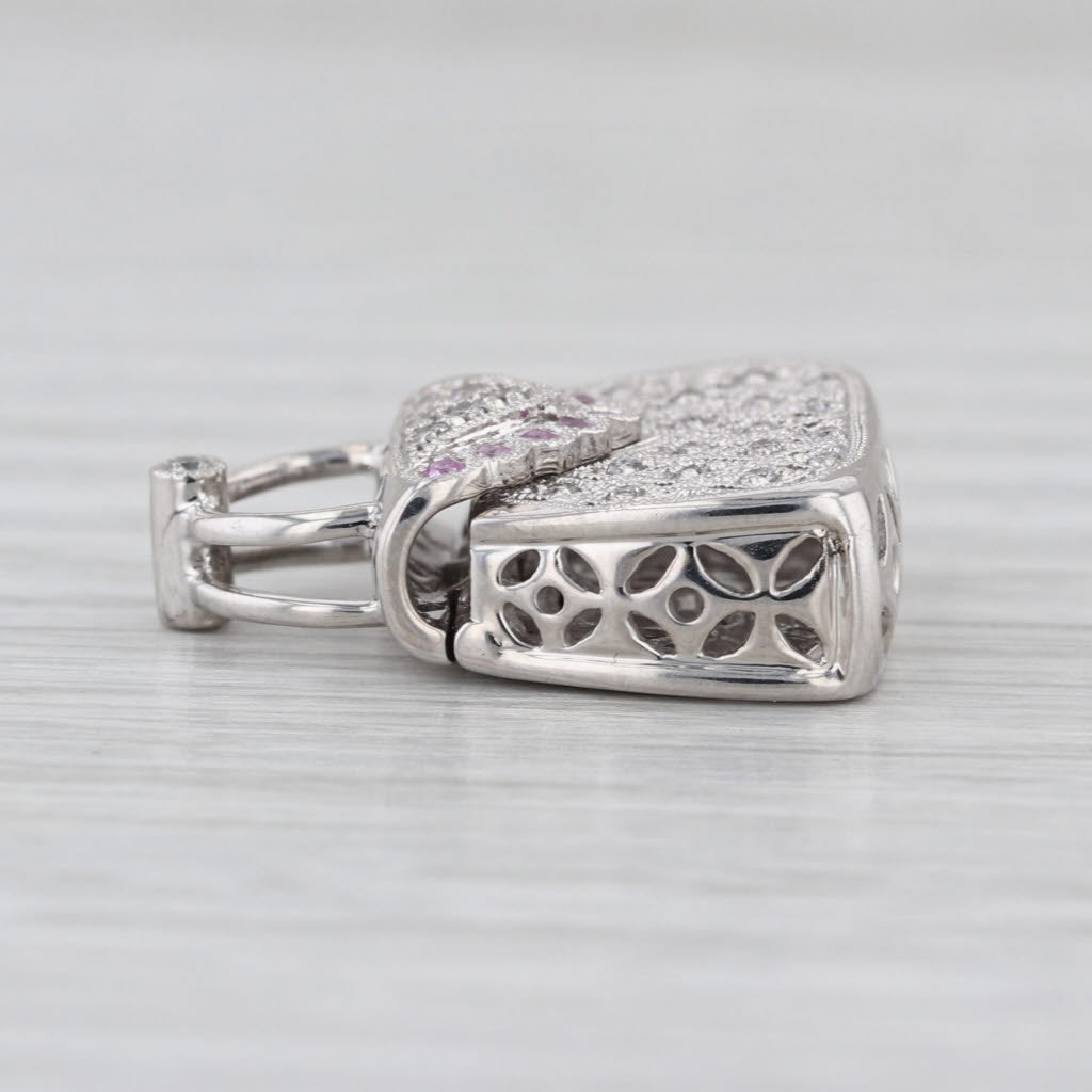 0.27ctw Diamond Pink Sapphire Purse Pendant 14k White Gold Hand Bag Charm Opens