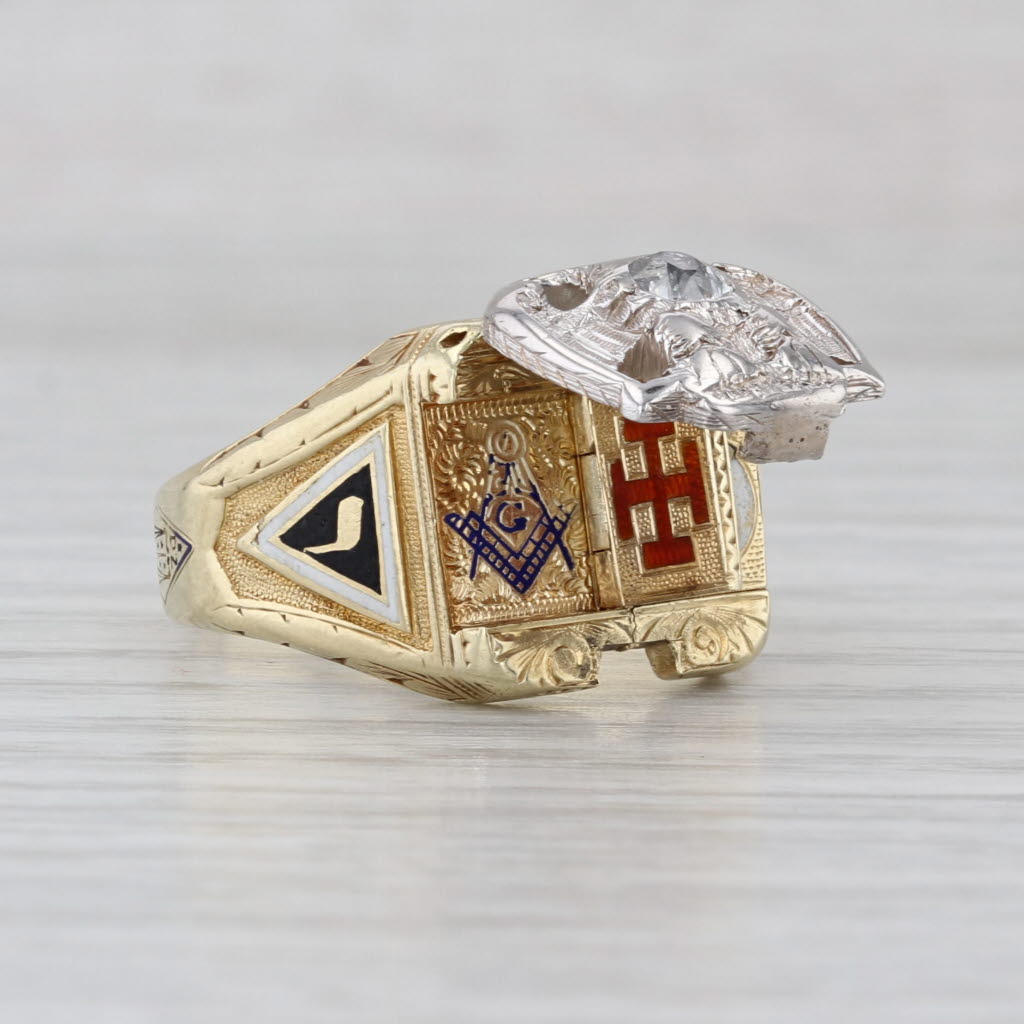Vintage Diamond Masonic Scottish Rite Signet Ring 14k Gold Size 9.25-9.5