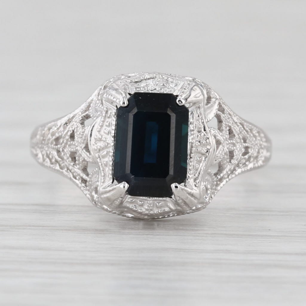 Art Deco 1.40ctw Blue Sapphire Solitaire 14k White Gold Filigree Size 4.5